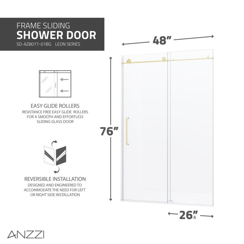 ANZZI Leon Series 48 in. by 76 in. Frameless Sliding Shower Door with Handle SD-AZ8077-01CH