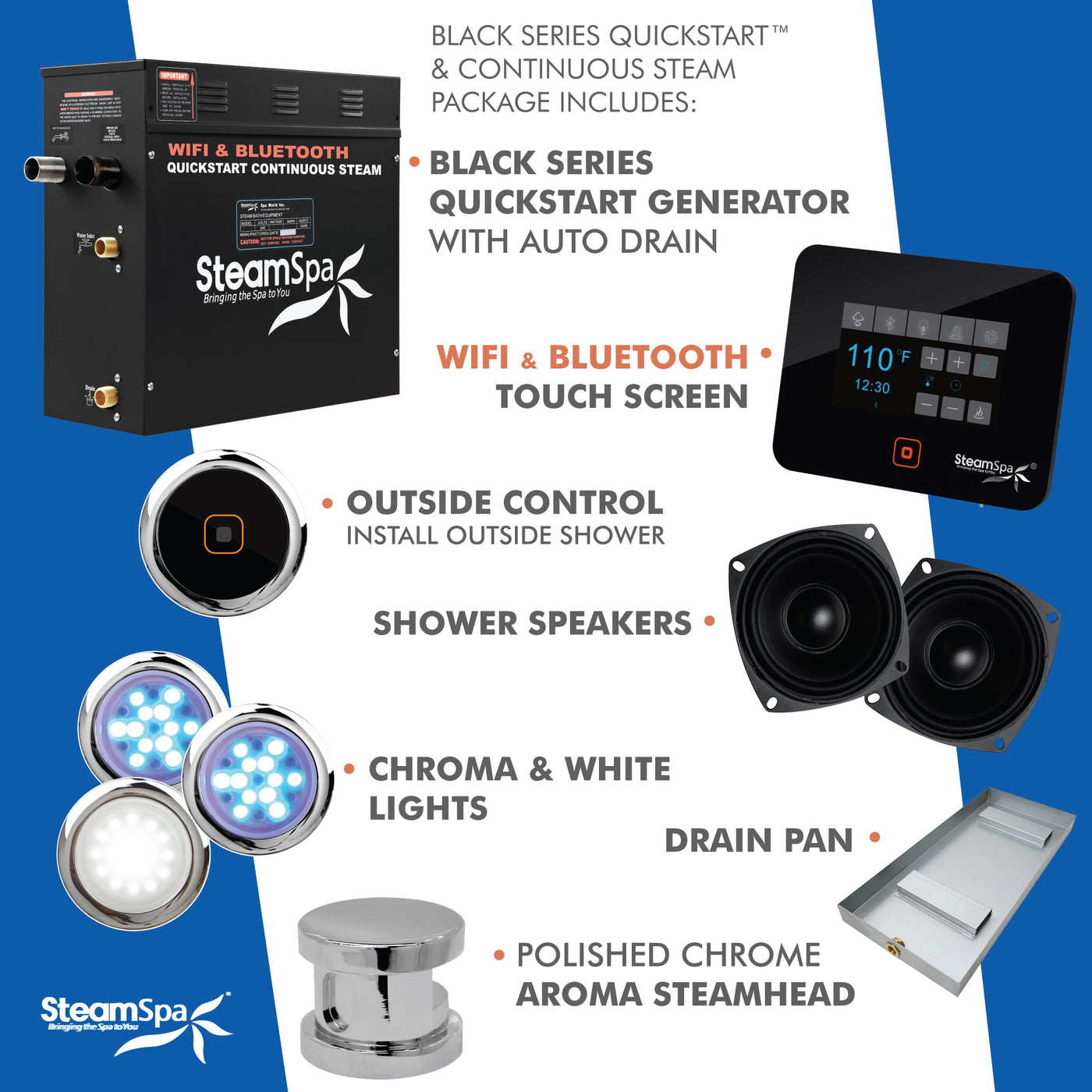 Black Series WiFi and Bluetooth 9kW QuickStart Steam Bath Generator Package with Dual Aroma Pump in Polished Chrome BKT900CH-ADP