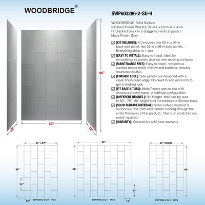 WOODBRIDGE Solid Surface 60" W x 96" H Tile Tub and Shower Wall Panel Surround, Quick Install, Cuttable, Stacked Block in a Staggered Vertical Pattern. Matte Gray Finish