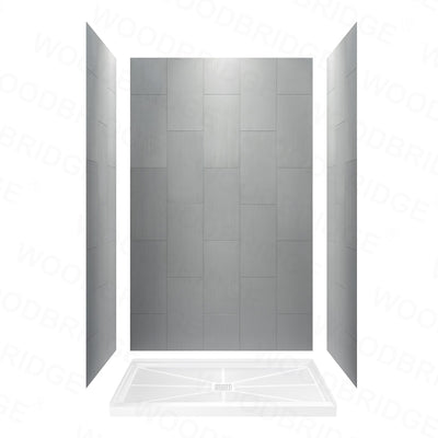 WOODBRIDGE Solid Surface 60" W x 96" H Tile Tub and Shower Wall Panel Surround, Quick Install, Cuttable, Stacked Block in a Staggered Vertical Pattern. Matte Gray Finish