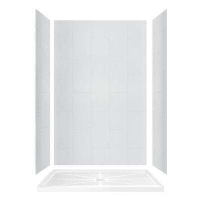 WOODBRIDGE Solid Surface 60" W x 96" H Tile Tub and Shower Wall Panel Surround, Quick Install, Cuttable, Stacked Block in a Staggered Vertical Pattern. Matte White Finish