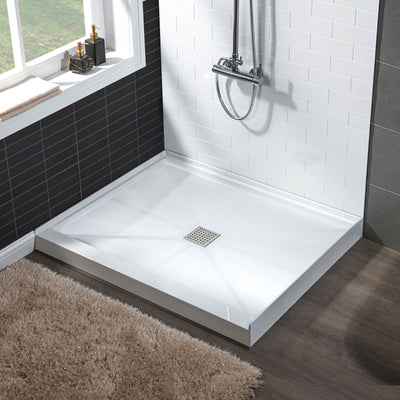 WOODBRIDGE SBR3636-1000C Solid Surface Shower Base with Recessed Trench Side Including Stainless Steel Linear Cover, 36" L x 36" W x 4" H,Center Drain White Color