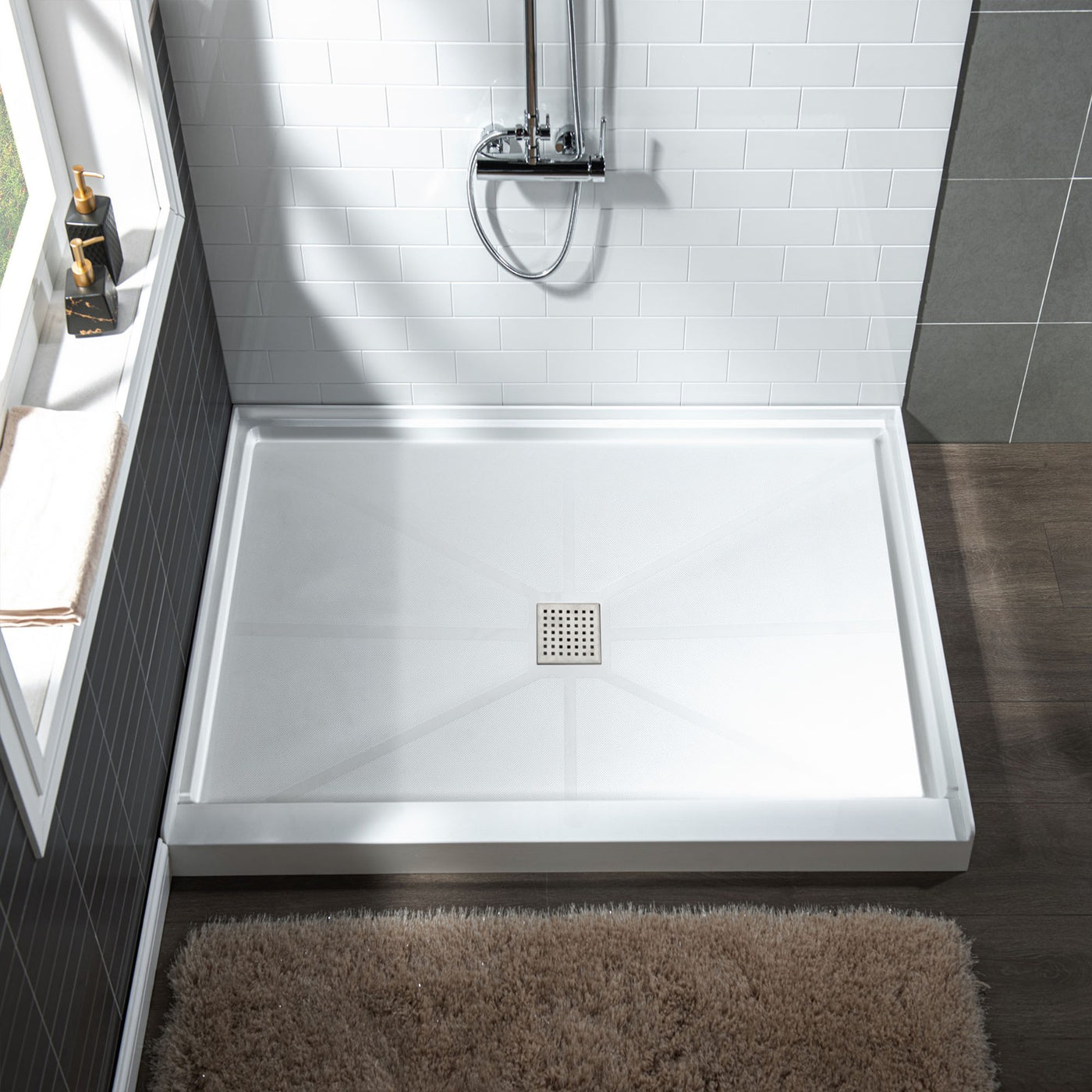 WOODBRIDGE SBR3636-1000C Solid Surface Shower Base with Recessed Trench Side Including Stainless Steel Linear Cover, 36" L x 36" W x 4" H,Center Drain White Color