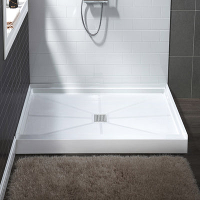 WOODBRIDGE SBR3636-1000C Solid Surface Shower Base with Recessed Trench Side Including Stainless Steel Linear Cover, 36" L x 36" W x 4" H,Center Drain White Color