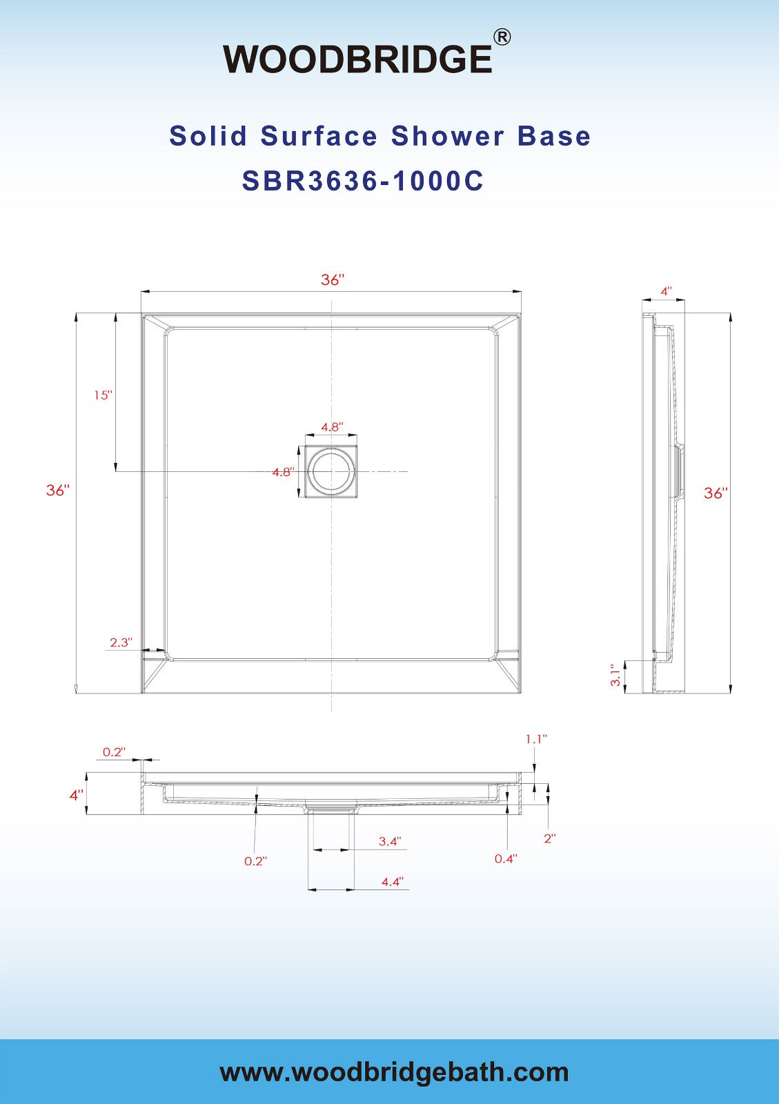 WOODBRIDGE SBR3636-1000C Solid Surface Shower Base with Recessed Trench Side Including Stainless Steel Linear Cover, 36" L x 36" W x 4" H,Center Drain White Color