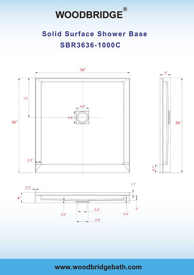 WOODBRIDGE SBR3636-1000C Solid Surface Shower Base with Recessed Trench Side Including Stainless Steel Linear Cover, 36" L x 36" W x 4" H,Center Drain White Color