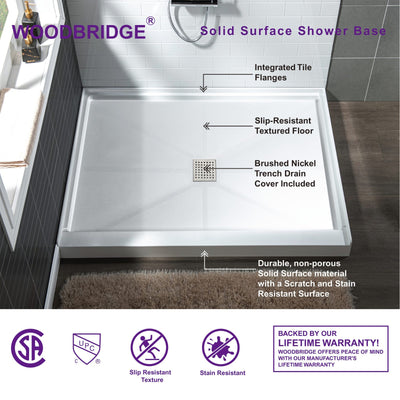 WOODBRIDGE SBR3636-1000C Solid Surface Shower Base with Recessed Trench Side Including Stainless Steel Linear Cover, 36" L x 36" W x 4" H,Center Drain White Color