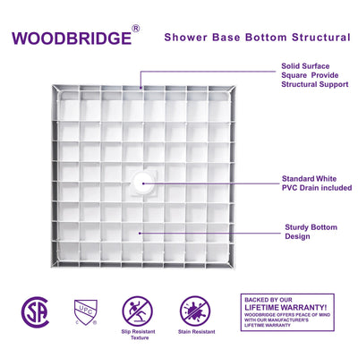 WOODBRIDGE SBR3636-1000C Solid Surface Shower Base with Recessed Trench Side Including Stainless Steel Linear Cover, 36" L x 36" W x 4" H,Center Drain White Color