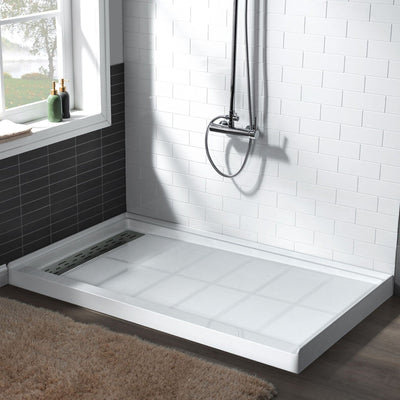 WoodBridge 48" x 32" White Solid Surface Shower Base Left Drain Location With Brushed Nickel Trench Drain Cover