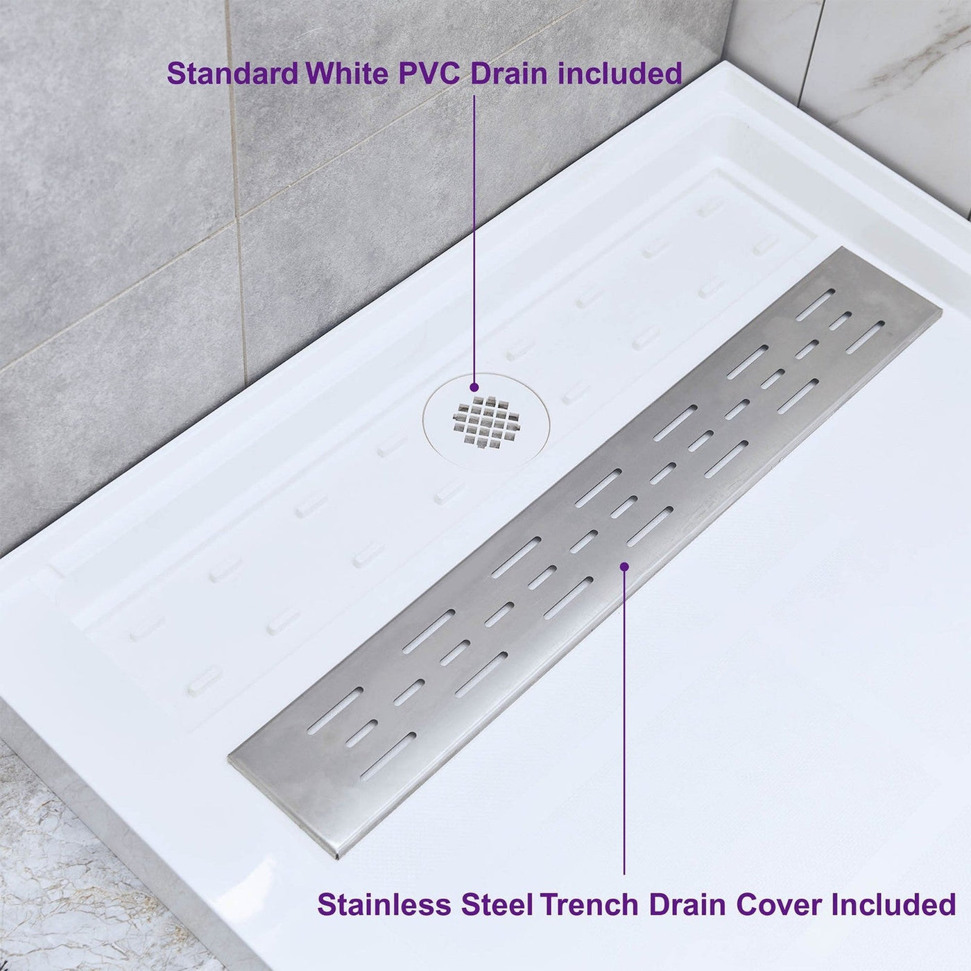 WoodBridge 48" x 32" White Solid Surface Shower Base Left Drain Location With Brushed Nickel Trench Drain Cover