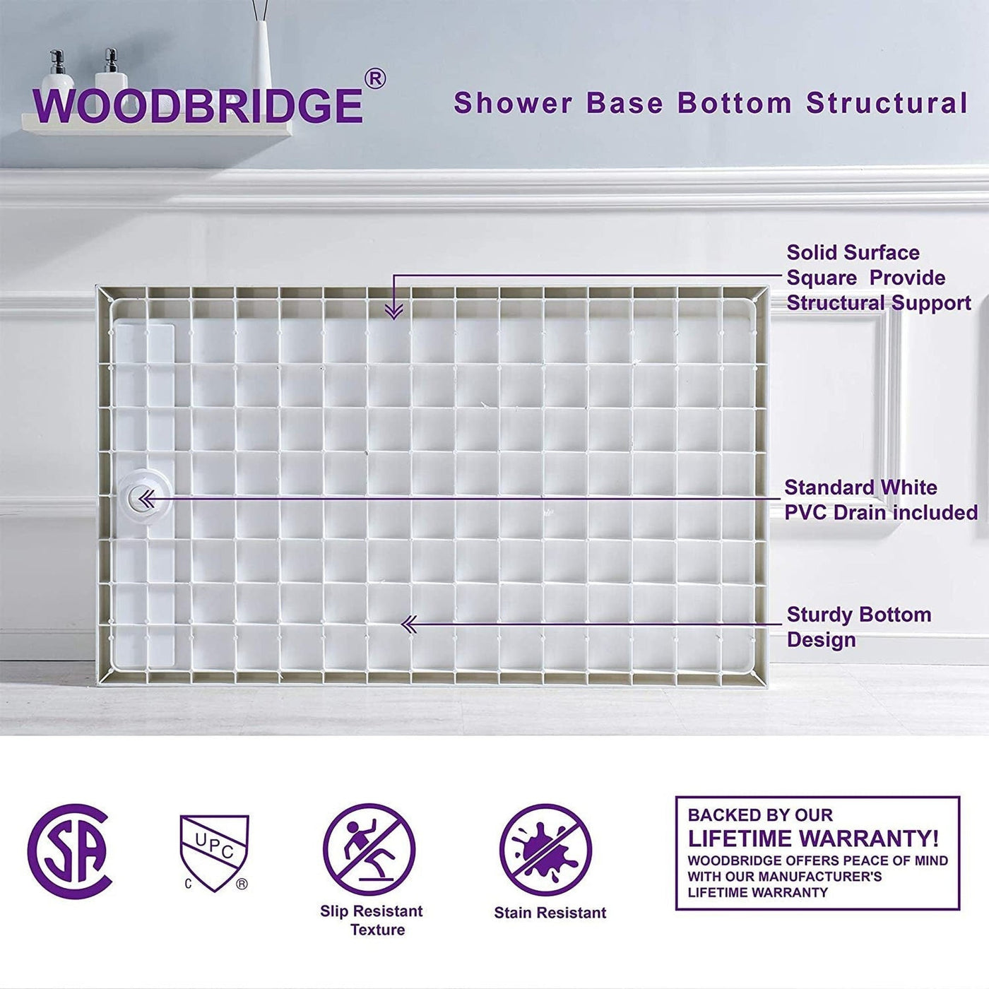 WoodBridge 48" x 32" White Solid Surface Shower Base Left Drain Location With Brushed Nickel Trench Drain Cover