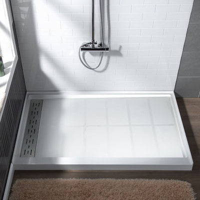 WoodBridge 48" x 32" White Solid Surface Shower Base Left Drain Location With Brushed Nickel Trench Drain Cover