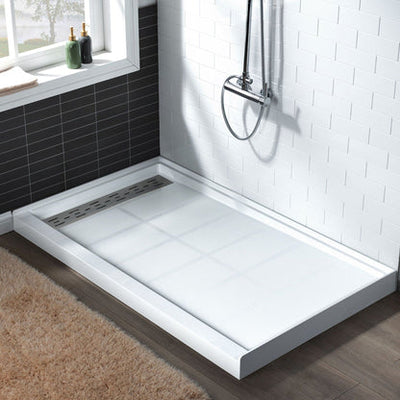 WoodBridge 48" x 32" White Solid Surface Shower Base Left Drain Location With Brushed Nickel Trench Drain Cover