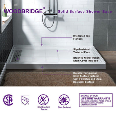 WoodBridge 48" x 32" White Solid Surface Shower Base Left Drain Location With Brushed Nickel Trench Drain Cover