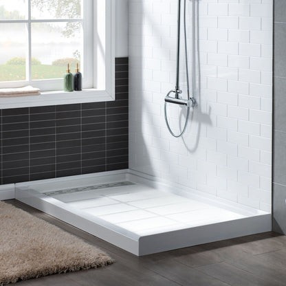 WoodBridge 48" x 32" White Solid Surface Shower Base Left Drain Location With Brushed Nickel Trench Drain Cover