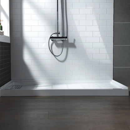 WoodBridge 48" x 32" White Solid Surface Shower Base Left Drain Location With Brushed Nickel Trench Drain Cover