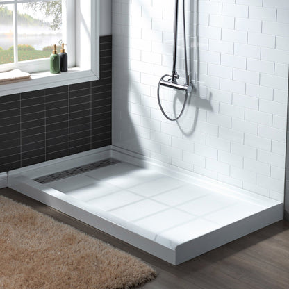 WoodBridge 48" x 32" White Solid Surface Shower Base Left Drain Location With Brushed Nickel Trench Drain Cover