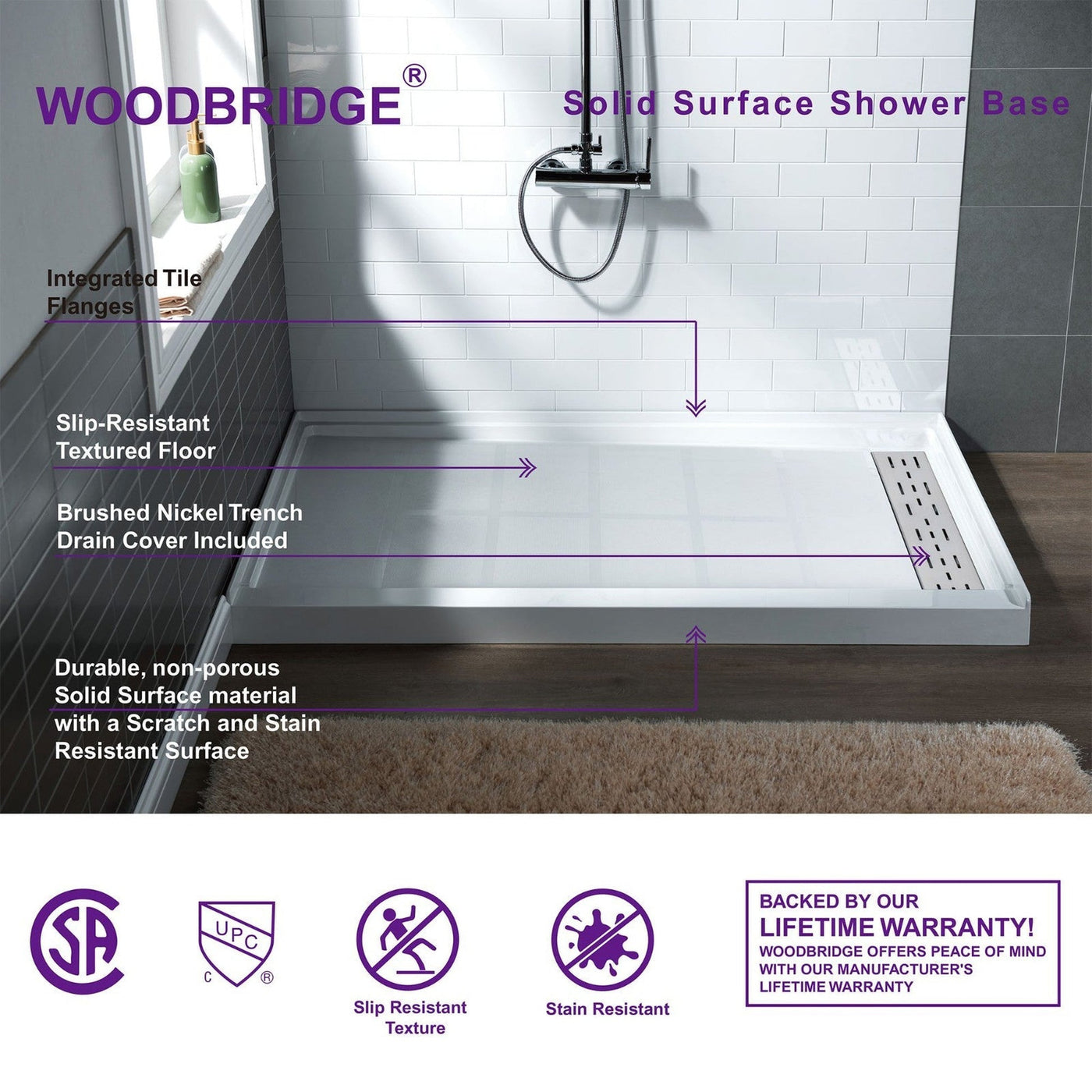 WoodBridge 48" x 32" White Solid Surface Shower Base Right Drain Location With Brushed Nickel Trench Drain Cover