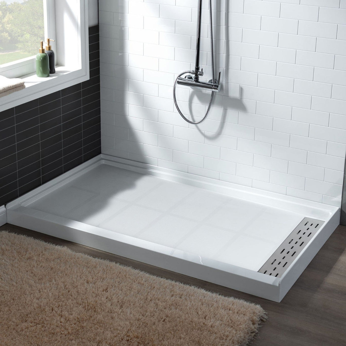 WoodBridge 48" x 32" White Solid Surface Shower Base Right Drain Location With Brushed Nickel Trench Drain Cover