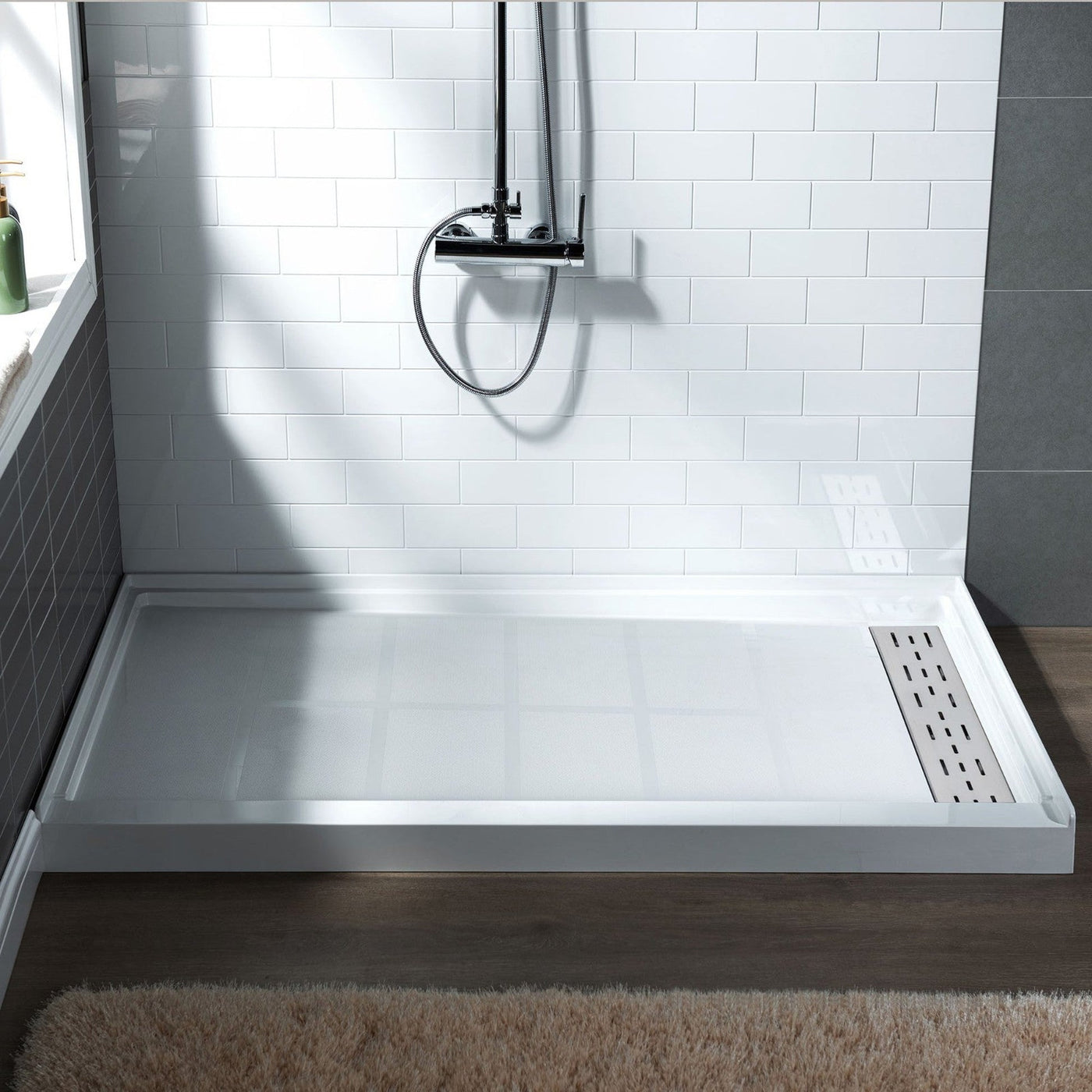 WoodBridge 48" x 32" White Solid Surface Shower Base Right Drain Location With Brushed Nickel Trench Drain Cover