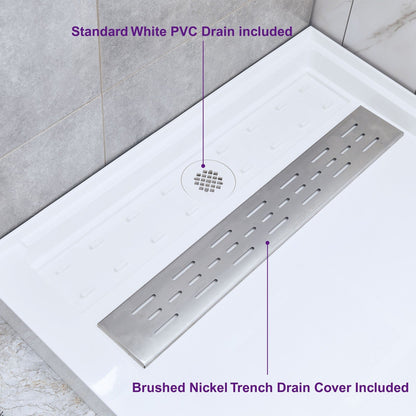 WoodBridge 48" x 32" White Solid Surface Shower Base Right Drain Location With Brushed Nickel Trench Drain Cover