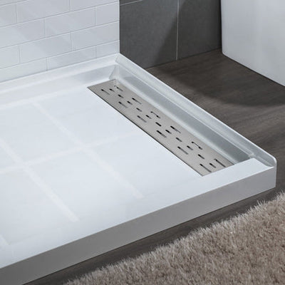 WoodBridge 48" x 32" White Solid Surface Shower Base Right Drain Location With Brushed Nickel Trench Drain Cover