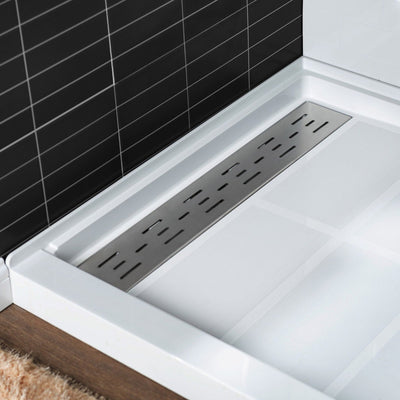 WoodBridge 48" x 36" White Solid Surface Shower Base Left Drain Location With Brushed Nickel Trench Drain Cover