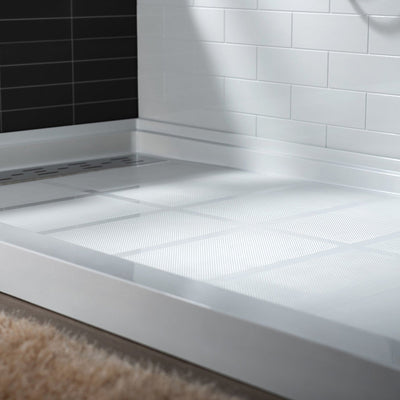 WoodBridge 48" x 36" White Solid Surface Shower Base Left Drain Location With Brushed Nickel Trench Drain Cover