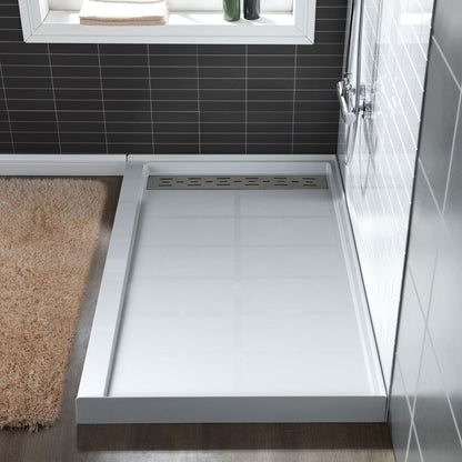 WoodBridge 48" x 36" White Solid Surface Shower Base Left Drain Location With Brushed Nickel Trench Drain Cover