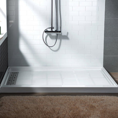 WoodBridge 48" x 36" White Solid Surface Shower Base Left Drain Location With Brushed Nickel Trench Drain Cover