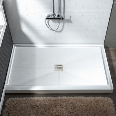 WoodBridge 48" x 36" White Solid Surface Shower Base Center Drain Location With Brushed Nickel Trench Drain Cover