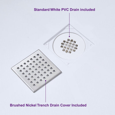 WoodBridge 48" x 36" White Solid Surface Shower Base Center Drain Location With Brushed Nickel Trench Drain Cover