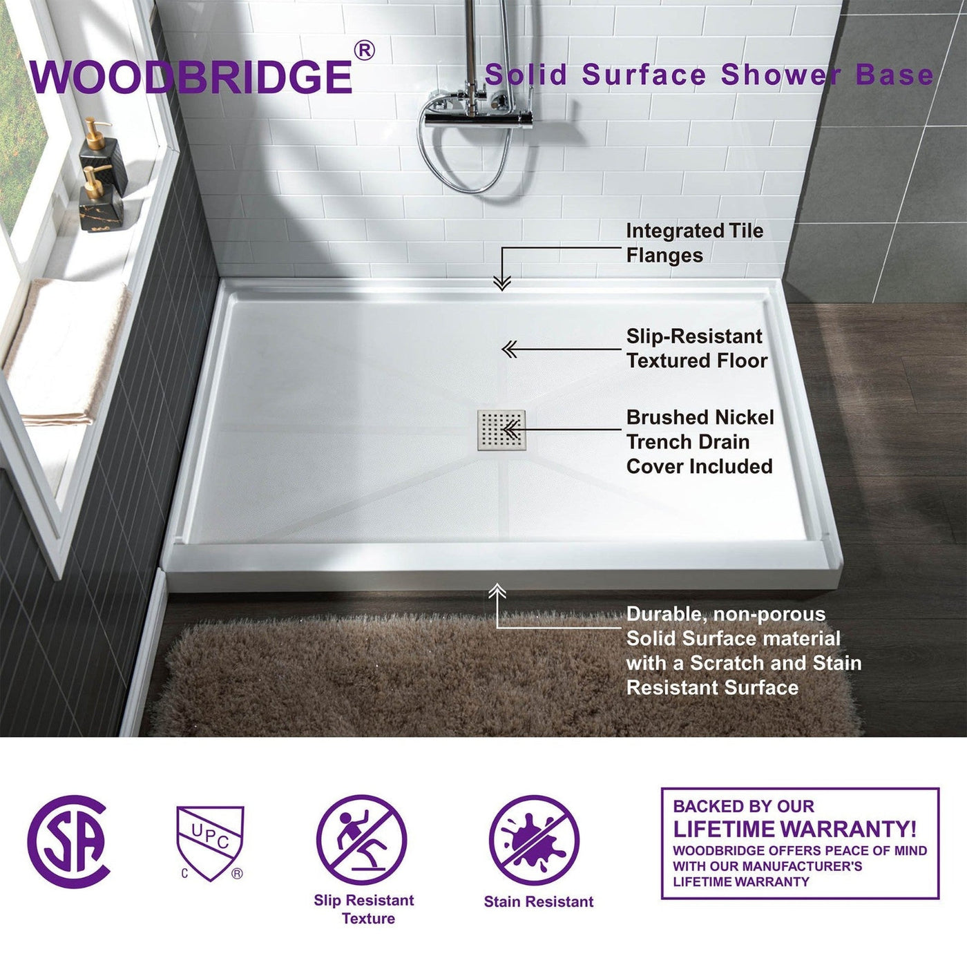 WoodBridge 48" x 36" White Solid Surface Shower Base Center Drain Location With Brushed Nickel Trench Drain Cover