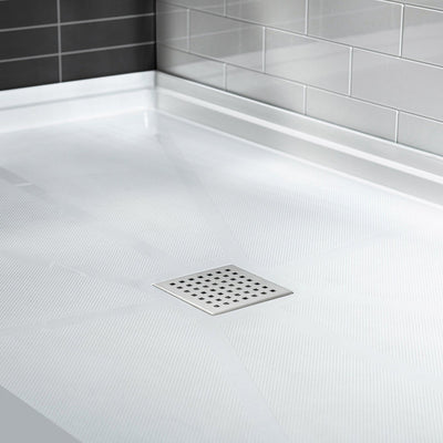 WoodBridge 48" x 36" White Solid Surface Shower Base Center Drain Location With Brushed Nickel Trench Drain Cover