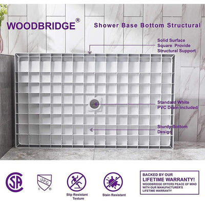 WoodBridge 48" x 36" White Solid Surface Shower Base Center Drain Location With Brushed Nickel Trench Drain Cover