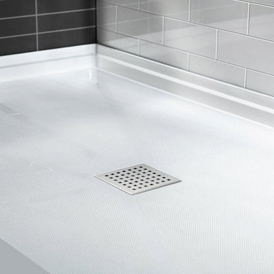 WoodBridge 48" x 36" White Solid Surface Shower Base Center Drain Location With Brushed Nickel Trench Drain Cover