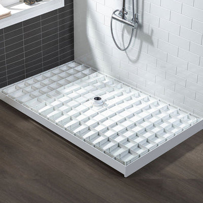 WoodBridge 48" x 36" White Solid Surface Shower Base Center Drain Location With Brushed Nickel Trench Drain Cover