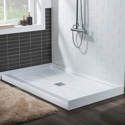 WoodBridge 48" x 36" White Solid Surface Shower Base Center Drain Location With Brushed Nickel Trench Drain Cover