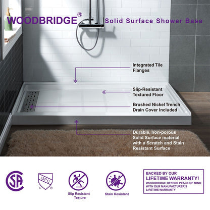 WoodBridge 60" x 30" White Solid Surface Shower Base Left Drain Location With Brushed Nickel Trench Drain Cover