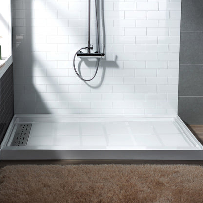 WoodBridge 60" x 30" White Solid Surface Shower Base Left Drain Location With Brushed Nickel Trench Drain Cover