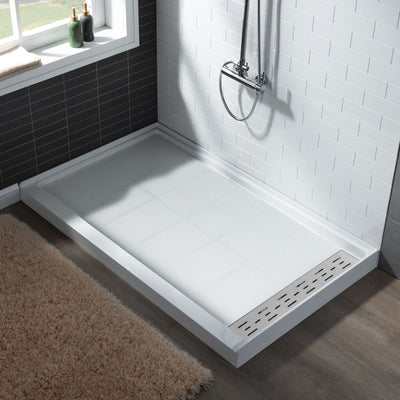 WoodBridge 60" x 30" White Solid Surface Shower Base Right Drain Location With Brushed Nickel Trench Drain Cover