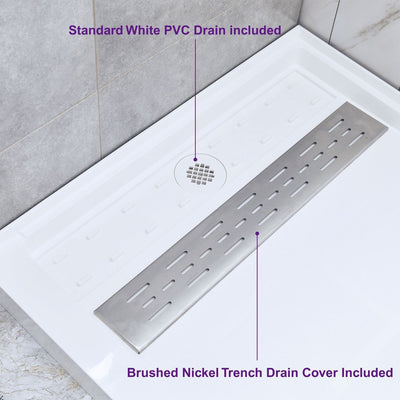 WoodBridge 60" x 30" White Solid Surface Shower Base Right Drain Location With Brushed Nickel Trench Drain Cover