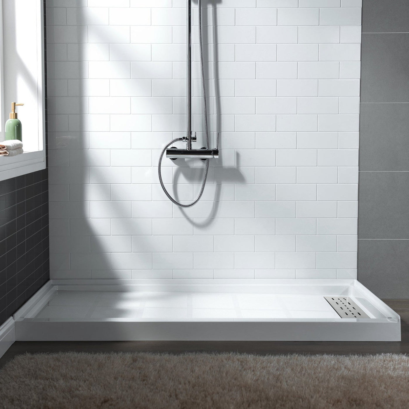 WoodBridge 60" x 30" White Solid Surface Shower Base Right Drain Location With Brushed Nickel Trench Drain Cover