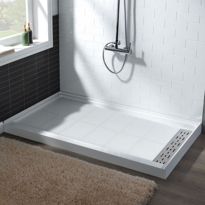 WoodBridge 60" x 30" White Solid Surface Shower Base Right Drain Location With Brushed Nickel Trench Drain Cover