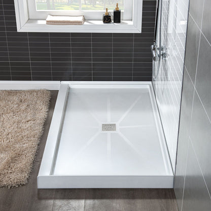 WoodBridge 60" x 30" White Solid Surface Shower Base Center Drain Location With Brushed Nickel Trench Drain Cover