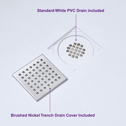 WoodBridge 60" x 30" White Solid Surface Shower Base Center Drain Location With Brushed Nickel Trench Drain Cover