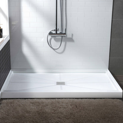 WoodBridge 60" x 30" White Solid Surface Shower Base Center Drain Location With Brushed Nickel Trench Drain Cover