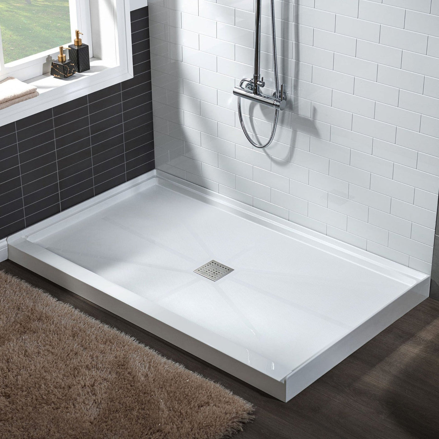 WoodBridge 60" x 32" White Solid Surface Shower Base Center Drain Location With Brushed Nickel Trench Drain Cover