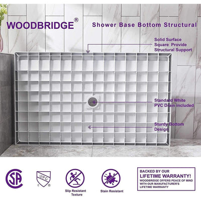 WoodBridge 60" x 32" White Solid Surface Shower Base Center Drain Location With Brushed Nickel Trench Drain Cover