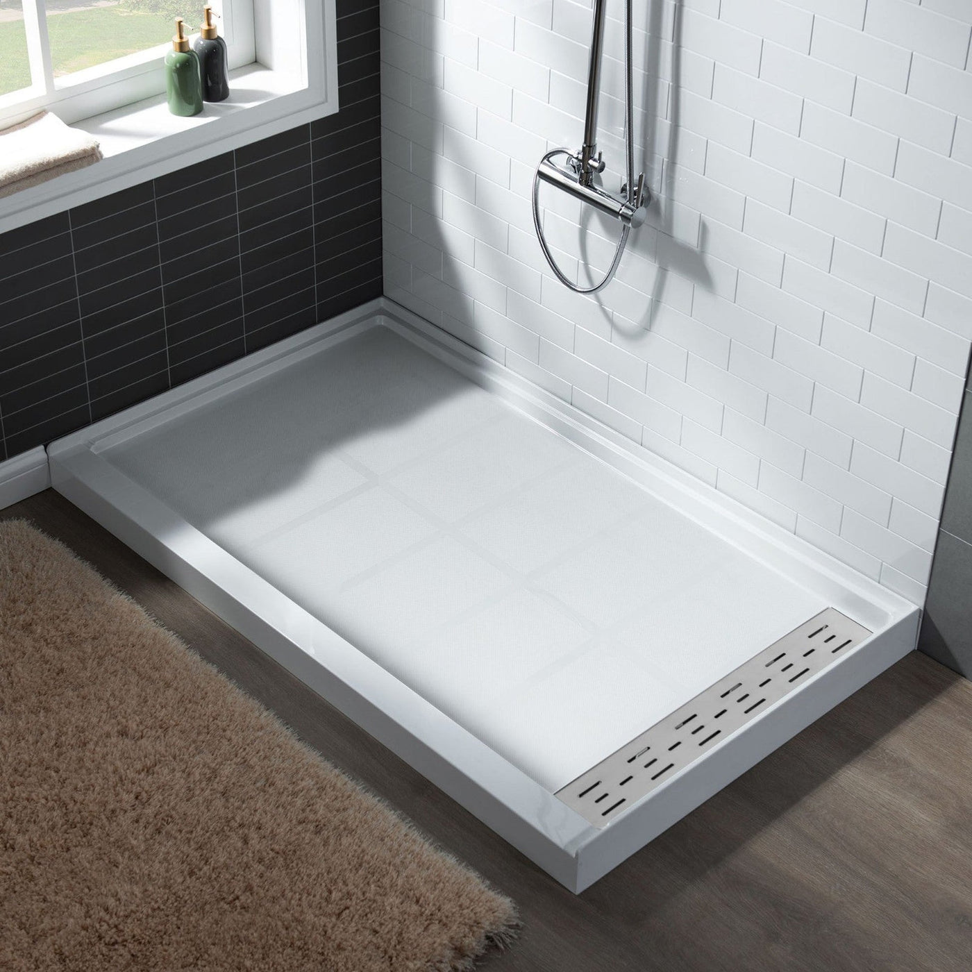 WoodBridge 60" x 34" White Solid Surface Shower Base Right Drain Location With Brushed Nickel Trench Drain Cover